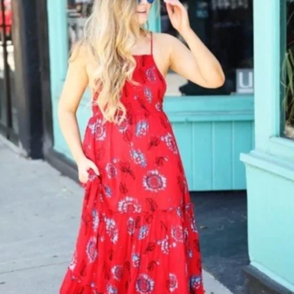 Free People Intimately Garden Party Red Floral Maxi with Tie Straps. Size S - Picture 1 of 6
